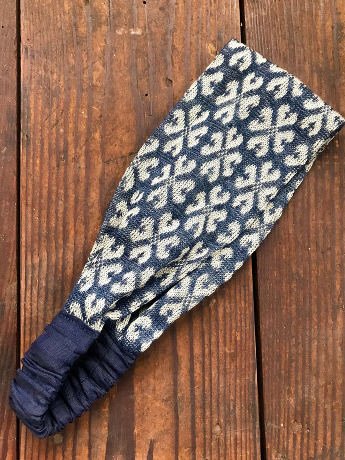 麻×麻ジャカードニットターバン　NAVY×BEIGE